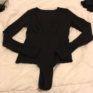 Black long sleeve v neck ribbed bodysuit